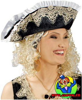 Chapeau femme pirate tricorne de luxe noir avec dentelle