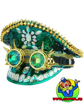 Chapeau festival avec pointes bijoux et lunettes kaléidoscopiques avec pointes paillettes vert