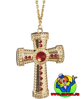 Collier croix or et fausses pierres rouges métal