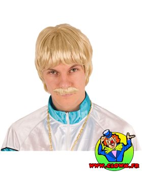 Perruque homme blonde style années 80 avec moustache assortie